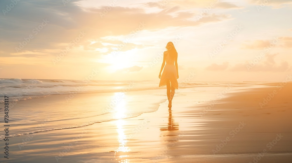 Generative AI : Carefree Woman walking at beach against sky during sunset