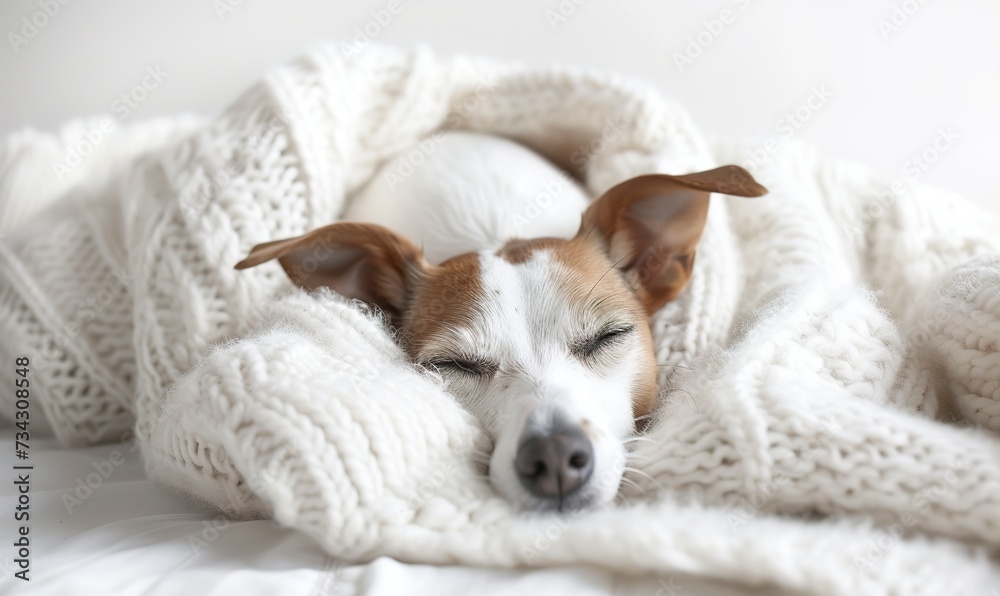 A jack russell terrier dog sleeping on a white blanket. Puppy sleeping on a cozy blanket on white background. Dog in modern interior. A jack russell terrier dog sleeping on a white blanket. Puppy sleeping on a cozy blanket on white background. Dog in modern interior.
