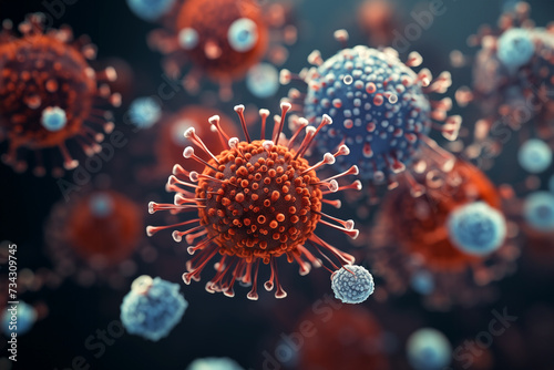 Viruses and bacteria macro close-up, microscopic view of floating influenza virus cells 3D illustration. 