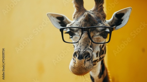 giraffe with glasses, yellow background generative ai