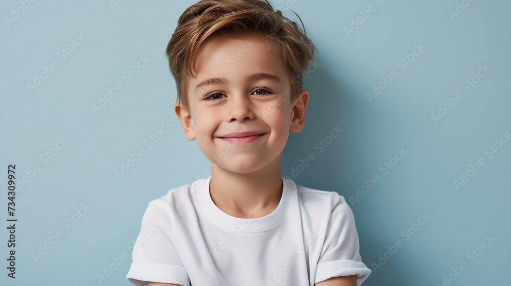 Generative AI : Cute smiling boylooking at camera in isolated studio light blue color background Generative AI : Cute smiling boylooking at camera in isolated studio light blue color background