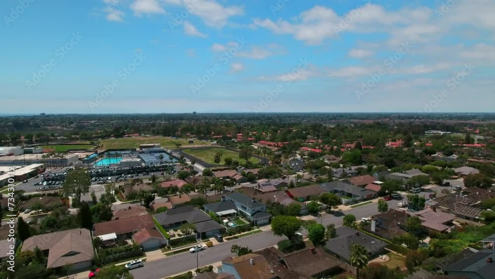 Aerial Backward Ascending Beautiful Shot Of Roofed Houses In City On Sunny Day - Newport Beach, California Aerial Backward Ascending Beautiful Shot Of Roofed Houses In City On Sunny Day - Newport Beach, California