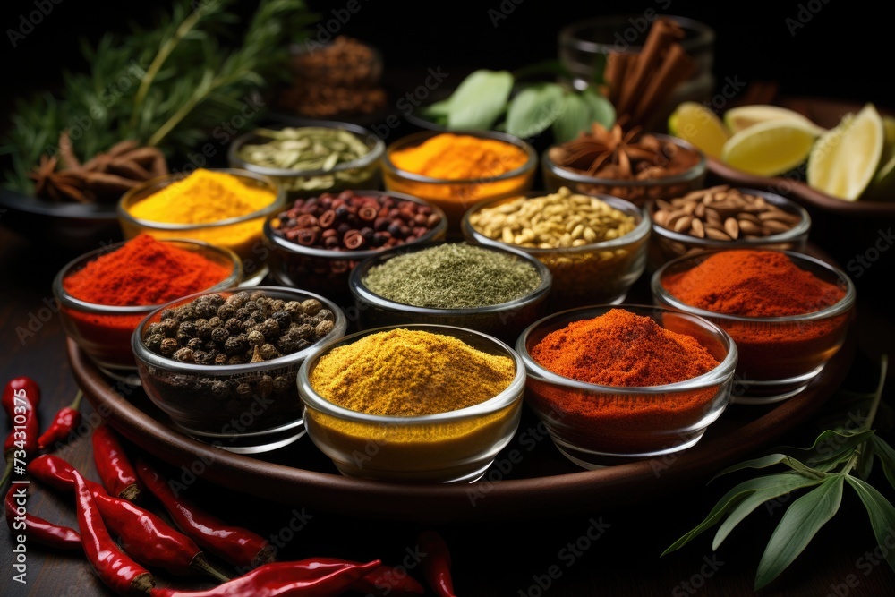 Many multi colored spices. jars and plates with powder. on the table. Background concept with spices.