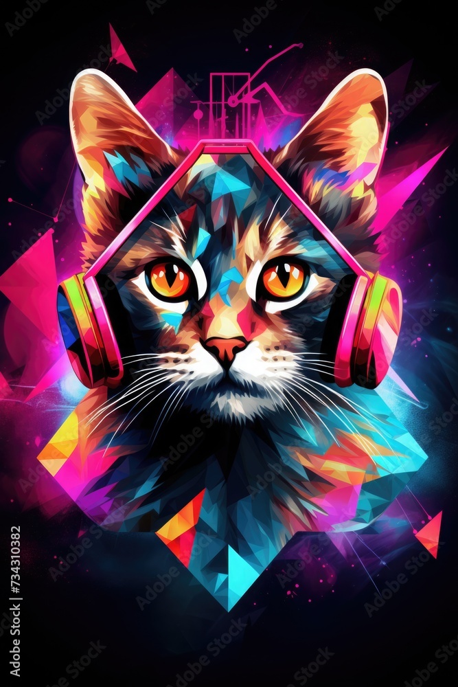 stylish cat in a blue and pink jacket and headphones on a dark background. fashionable pet. brutal kitten