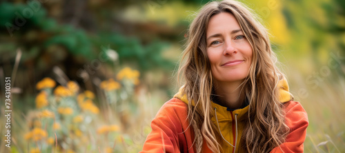 A portrait of a beautiful 34 year old woman looking at the camera being happy, playful, wearing a colored hoodie, radiant, in nature