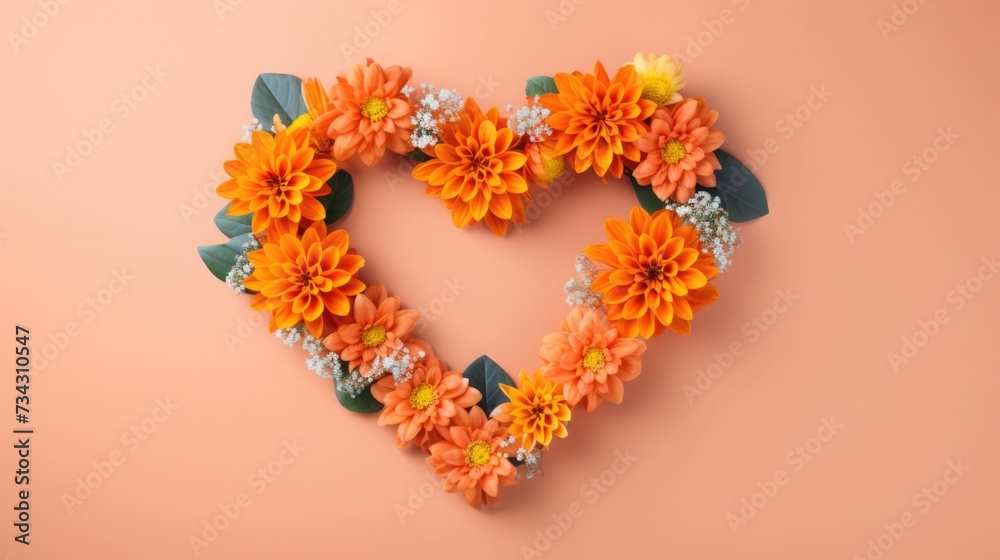 orange flowers in the shape of a heart. bouquet for Valentine's Day, Women's Day, March 8. greeting card. space for text