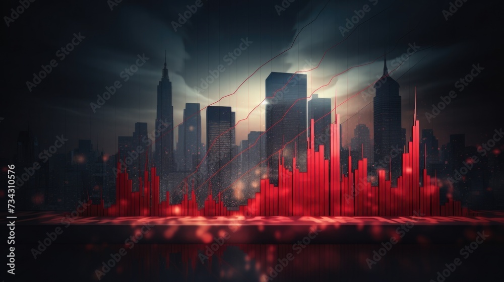 red graph on the background of the city, buildings and skyscrapers. stock exchanges, shares and investment market.