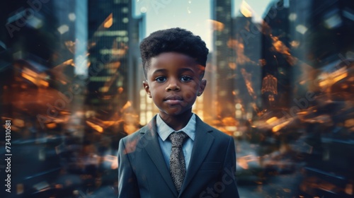 confident young African American boy, child in a business suit on the background of office buildings. businessman © Svetlana