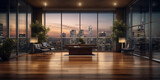A luxury penthouse with floor-to-ceiling windows overlooking a city skyline, Living room night city view out of glass windows