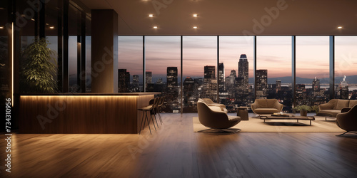 A luxury penthouse with floor-to-ceiling windows overlooking a city skyline, Living room night city view out of glass windows © Ammar Anwar 