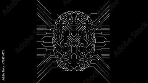 An outline top-view illustration depicts a circuit board shaped like a brain, representing the cyber brain concept and serving as an icon for artificial intelligence