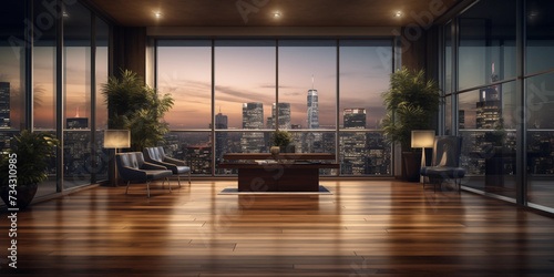 A luxury penthouse with floor-to-ceiling windows overlooking a city skyline, Living room night city view out of glass windows photo