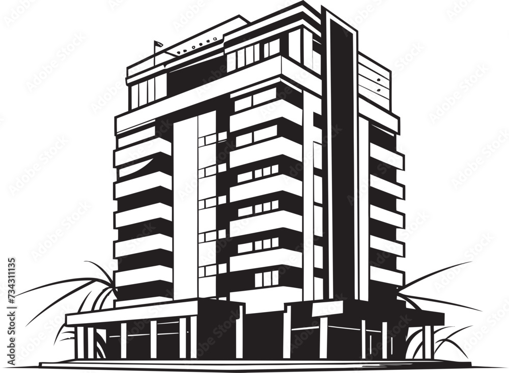 Obraz premium Charcoal Skyscraper Silhouette Black Multifloor Sketch Noir Mixed Use Masterplan Vector Building in Black