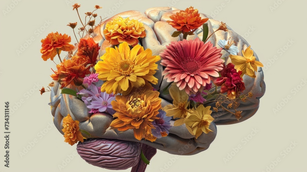 human brain, full of flowers, solid color background, generative ai