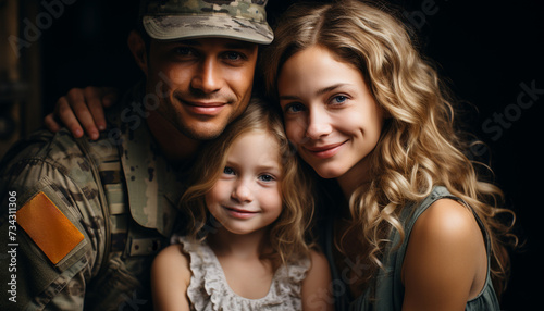 Smiling family embracing, one child looking at camera, love generated by AI