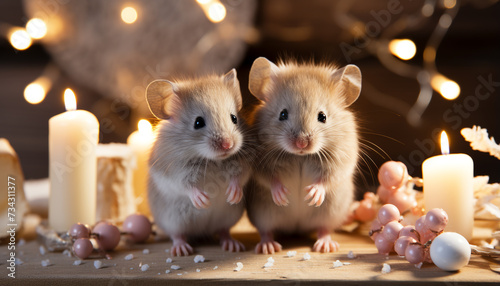 Cute small rodents celebrate with candles, fluffy love in winter generated by AI photo