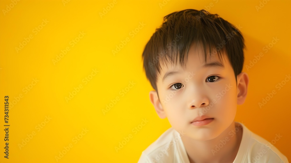 Generative AI : image of asian boy posing on a yellow background