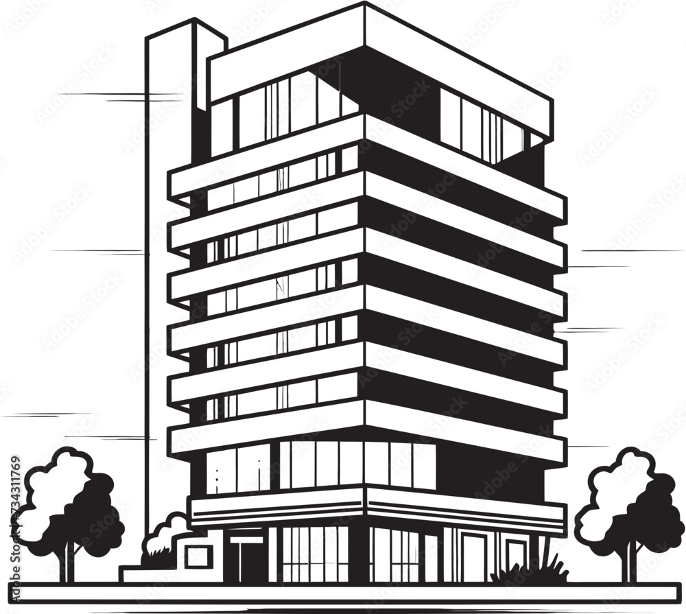 Blackened Commercial Tower Black Multifloor Building Sketch Shadowy Office Block Outline Vector Building Design in Noir
