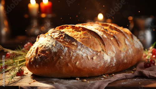 Freshly baked bread on dark table, a homemade gourmet meal generated by AI