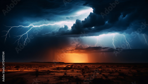 Spooky night, dark sky, thunderstorm, danger, electricity, dramatic nature generated by AI