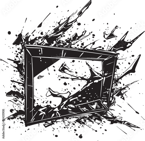 Fractured Flatpanel Black Element of Broken TV Design Fragmented Flatscreen Vector Graphic of Shattered Television