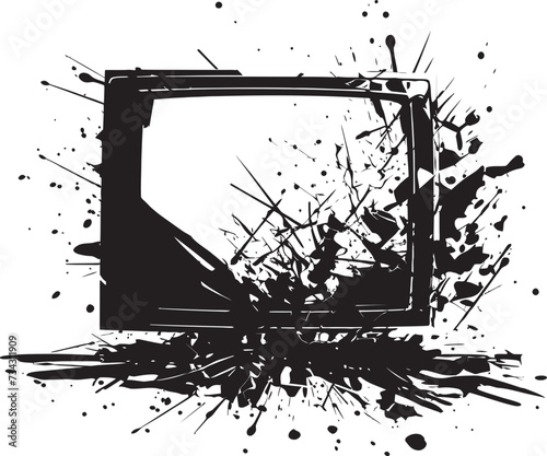 Fragmented Flatscreen Vector Graphic of Shattered Television Cracked Console Black Icon of Smashed TV in Noir