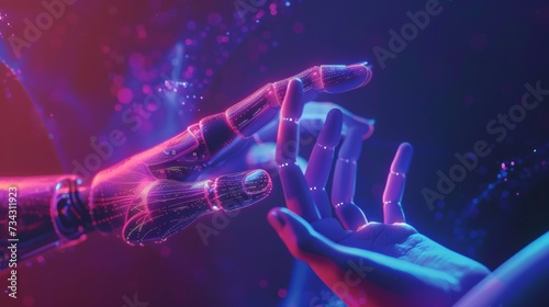 A 3D illustration symbolizing virtual reality or artificial intelligence technology features the touching hands of a robot and a human  emphasizing their connection and collaboration