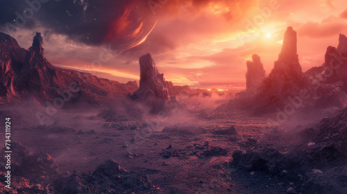 Mysterious extraterrestrial world landscape, ideal for cosmic-themed desktop or video call backgrounds. © Gregory O'Brien