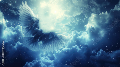 Serene celestial cloudscape with sunbeams and a dove, invoking a tranquil heavenly atmosphere.