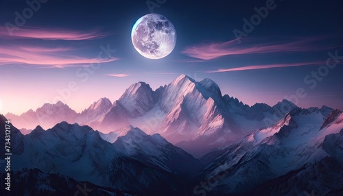 A large full moon rises above the snowy peak, glowing in red light because of the setting sun, of the mountain Himal Chuli in the nepali Himalayas. The picture was taken in Pokhara. photo
