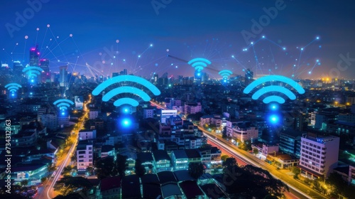 A modern cityscape integrates wireless network connection, highlighting seamless urban connectivity against the backdrop of the night sky