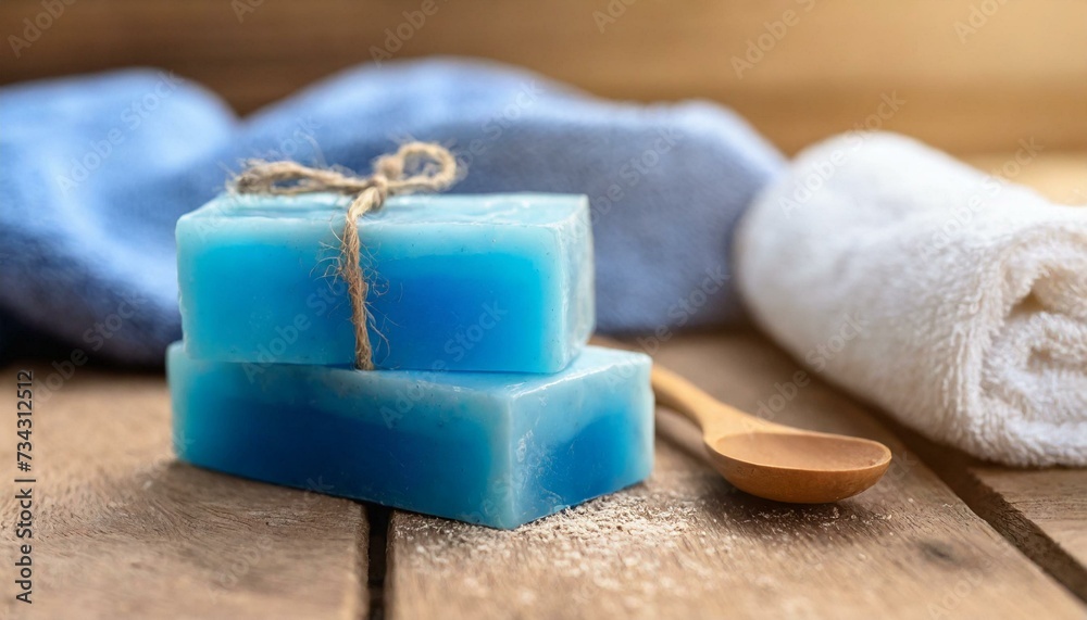 Bright blue homemade soap are placed next to a towel on a wooden floor. Bright blue homemade soap are placed next to a towel on a wooden floor.