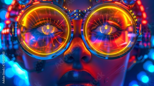 A robot is adorned with neon-colored futuristic eyeglasses