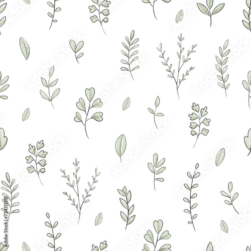 Seamless pattern with varied simple small plants and leaves isolated on white background. Watercolor hand drawn illustration