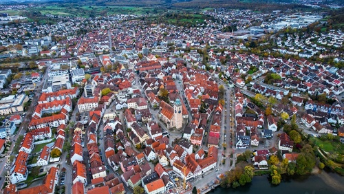 Aerial around the old town of the city Nürtingen in Germany on a sunny afternoon in autumn 