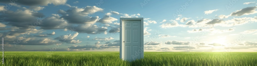 Open door in a field with blue sky. Door to new world