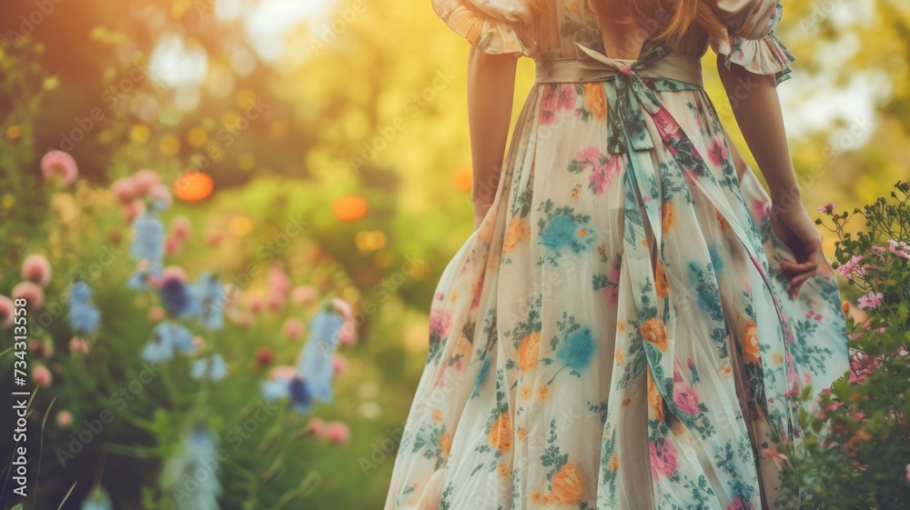 Ethereal Woman in Flowing Floral Dress Amongst Sunlit Wildflowers , vibrant bow tied at the back, swaying gently in a breezy garden