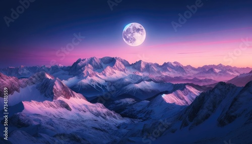A large full moon rises above the snowy peak  glowing in red light because of the setting sun  of the mountain Himal Chuli in the nepali Himalayas. The picture was taken in Pokhara.