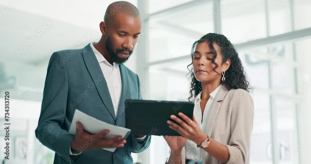 Tablet, mentor and woman in office for advice for online feedback, agenda or schedule for law firm. Team, senior management and legal consultant in workplace with digital app for advisory business.
