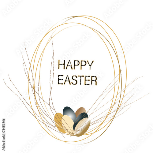 Happy Easter card with golden eggs. Modern minimalist style. Designed for poster, greeting card, website header.