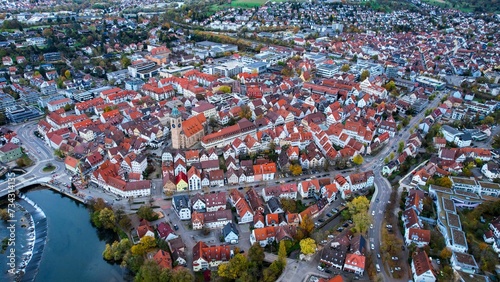Aerial around the old town of the city Nürtingen in Germany on a sunny afternoon in autumn	