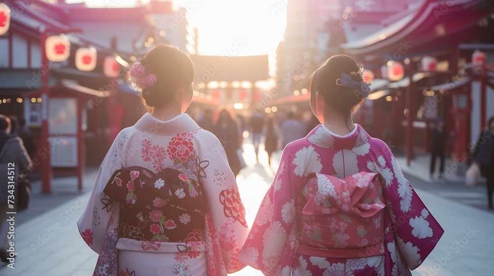 Generative AI : Young women wearing traditional Japanese Kimono at Sensoji Temple (Asakusa temple) in Asakusa Tokyo, Japan. Generative AI : Young women wearing traditional Japanese Kimono at Sensoji Temple (Asakusa temple) in Asakusa Tokyo, Japan.