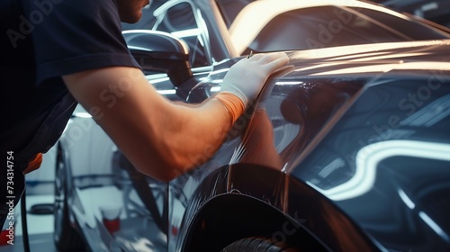 Generative AI : Workers applies car protection film on fender © The Little Hut