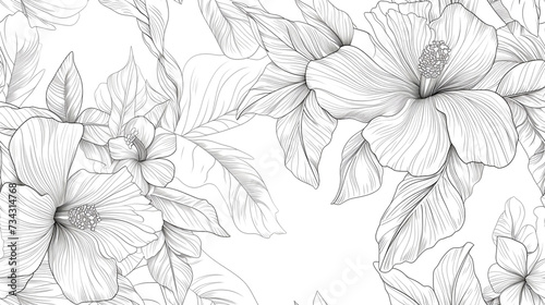 Wallpaper design with floral paint brush line art. Leaves and flowers nature design. Coloring book page for kids and adult