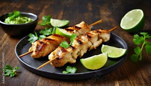 Chicken kebab skewers on a plate over light grey slate, stone or concrete background . Top view with copy space
