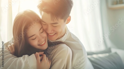 Generative AI : Asian young couple hugging with positive emotion and loving together at warmth place. 