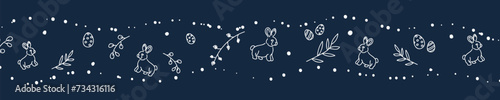Vector. Cute hand drawn Easter horizontal background with bunnies, easter eggs. Festive background with Easter linear symbols. Copy space for text. Design cards, banners and other promotional items.