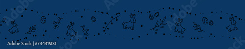Vector. Cute hand drawn Easter horizontal background with bunnies, easter eggs. Festive background with Easter linear symbols. Copy space for text. Design cards, banners and other promotional items.