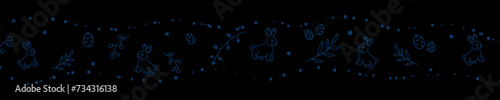 Vector. Cute hand drawn Easter horizontal background with bunnies, easter eggs. Festive background with Easter linear symbols. Copy space for text. Design cards, banners and other promotional items.