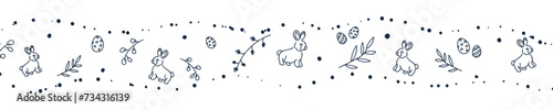 Vector. Cute hand drawn Easter horizontal background with bunnies, easter eggs. Festive background with Easter linear symbols. Copy space for text. Design cards, banners and other promotional items.